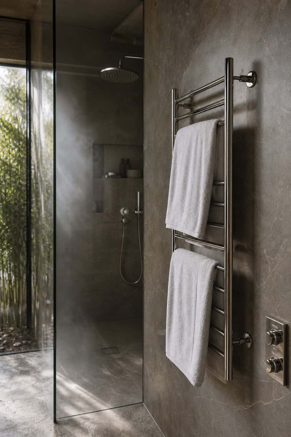 Sleek heated towel rack with plush white towels beside a tiled shower.
