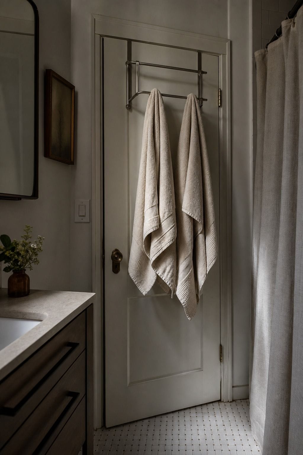 Over door towel rail with neatly hung bath towels in a compact bathroom.