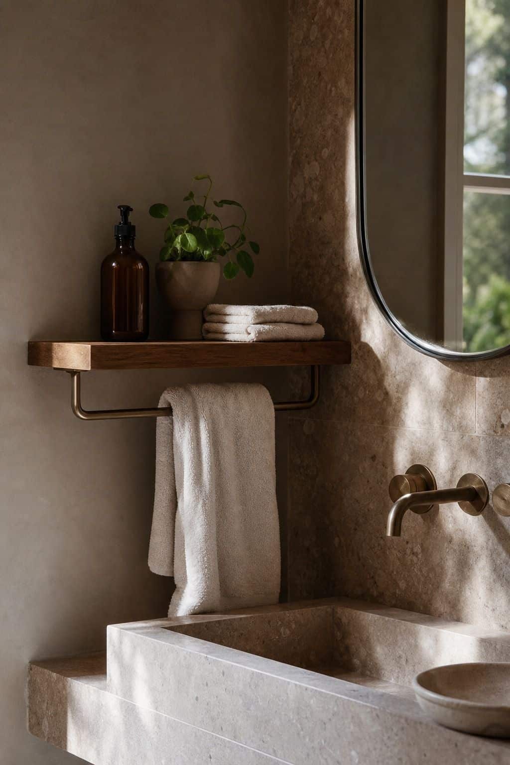 Floating wood shelf with an integrated towel bar over a bathroom vanity.