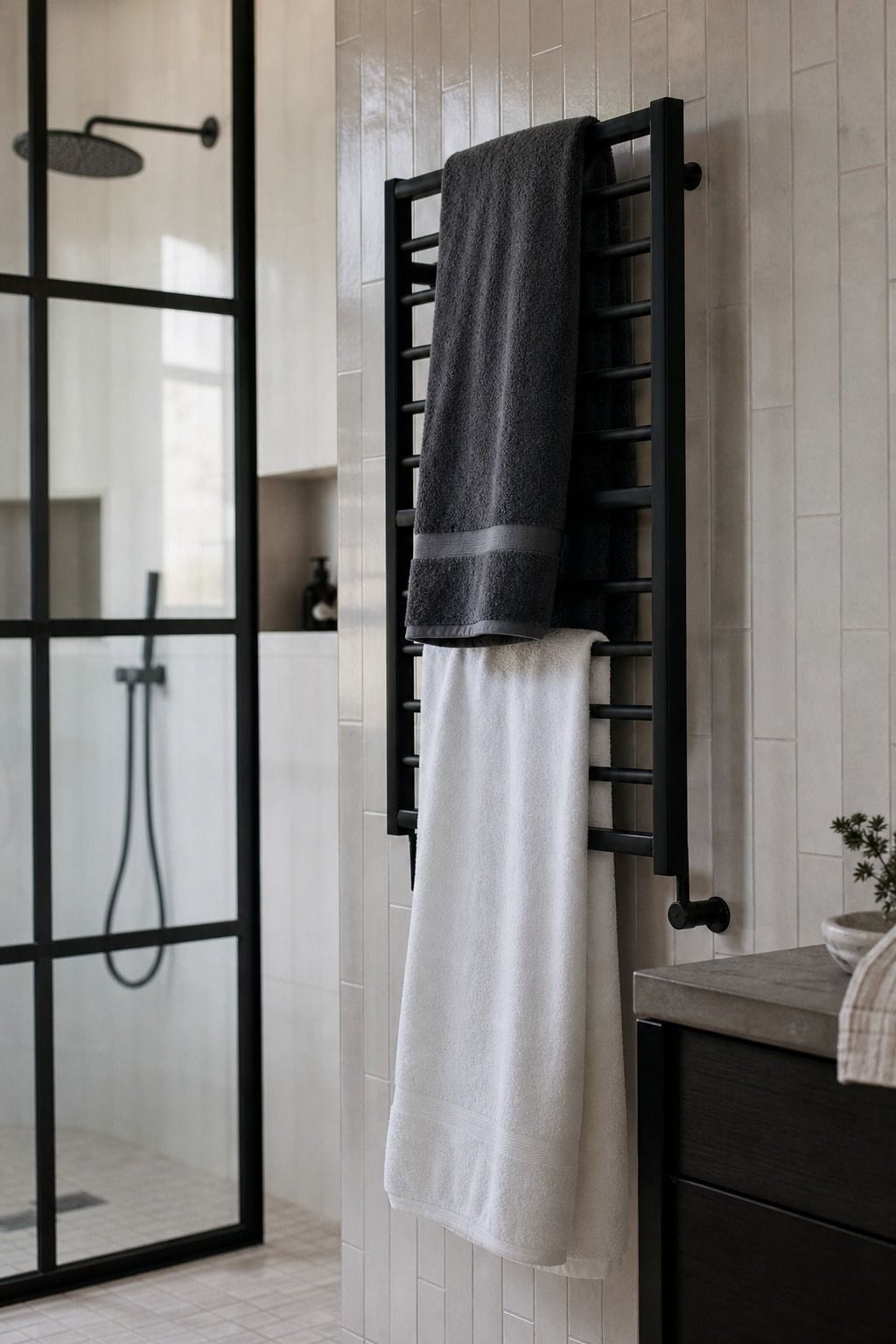 Matte black towel rack against pale bathroom tile with charcoal and white towels.