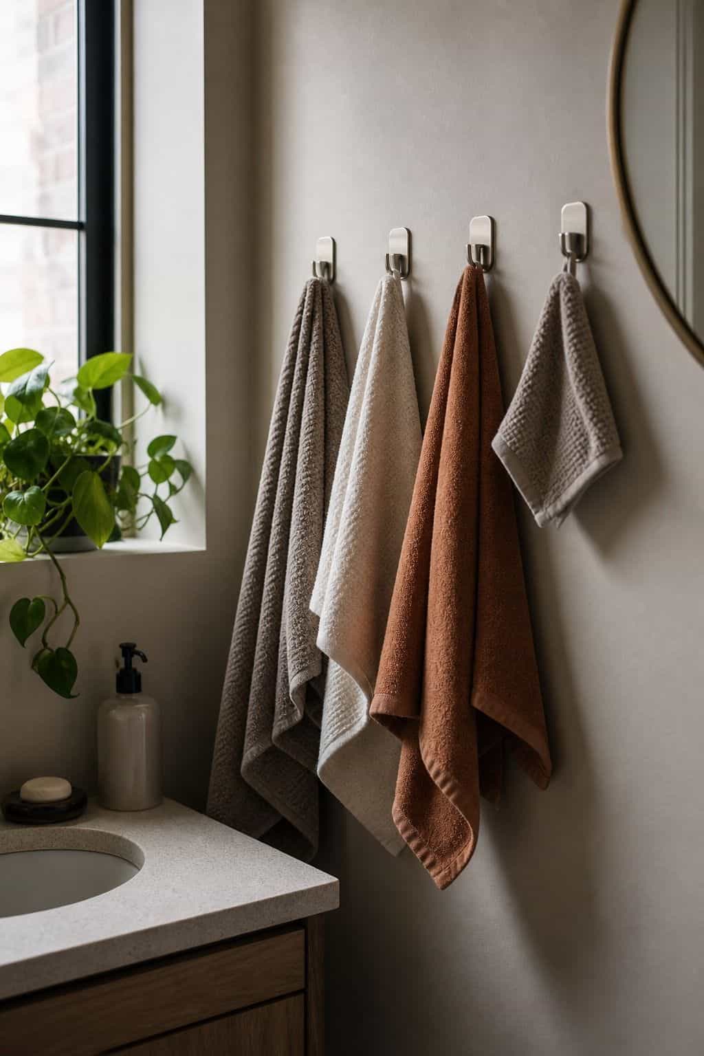 Stylish adhesive towel hooks arranged on a rental bathroom wall with small towels.