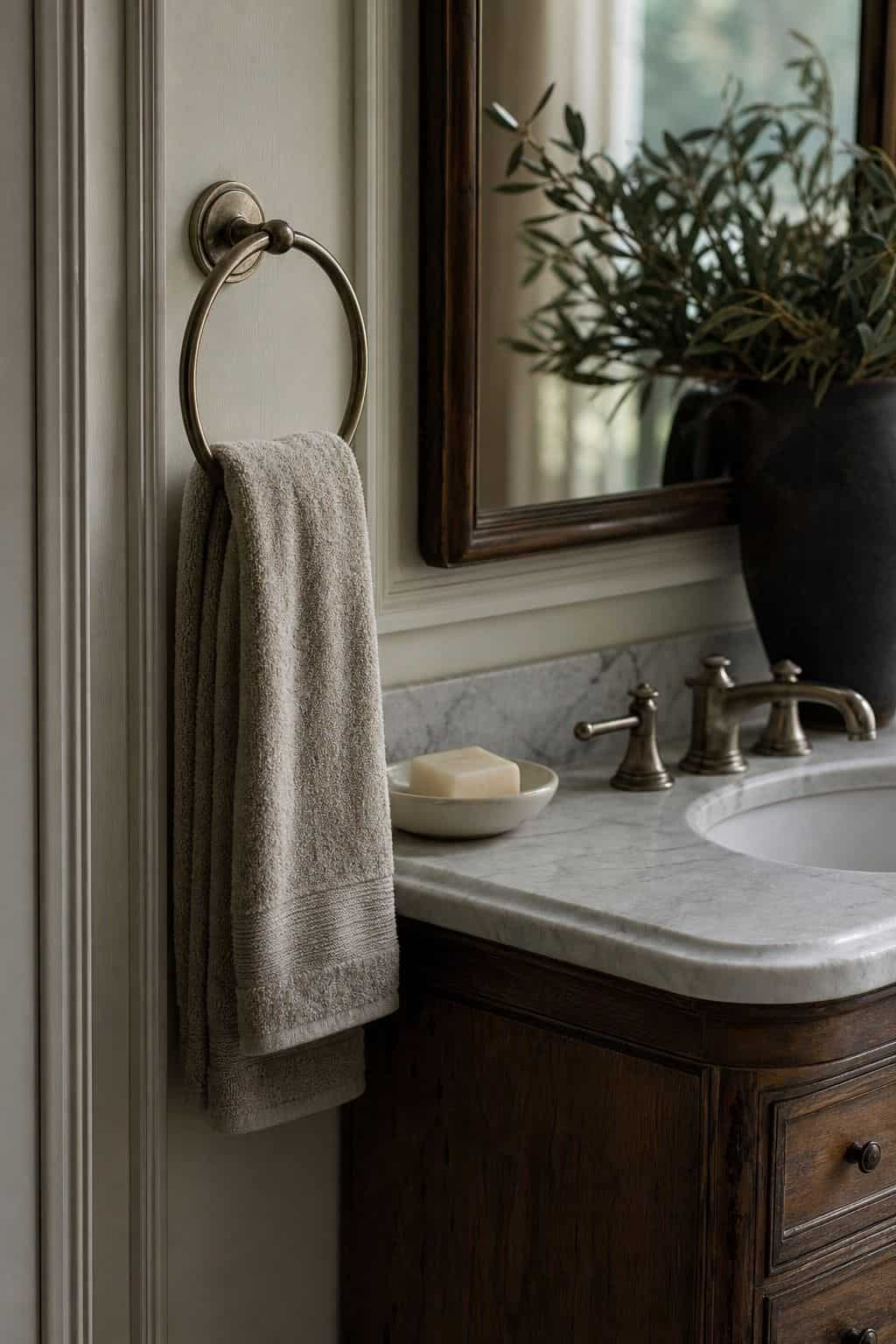 Towel ring mounted beside a bathroom sink with a soft hand towel.