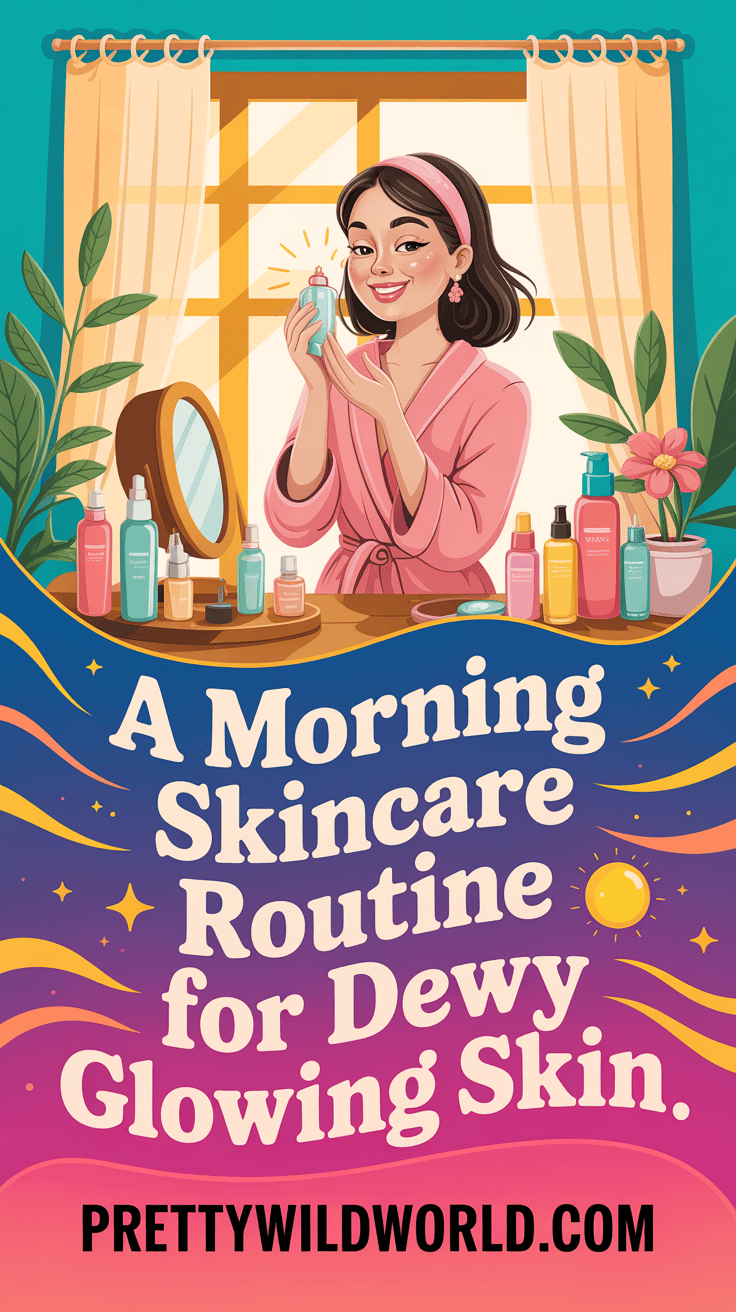 Woman with morning skincare routine products for dewy, glowing skin. Text: "A Morning Skincare Routine for Dewy Glowing Skin.