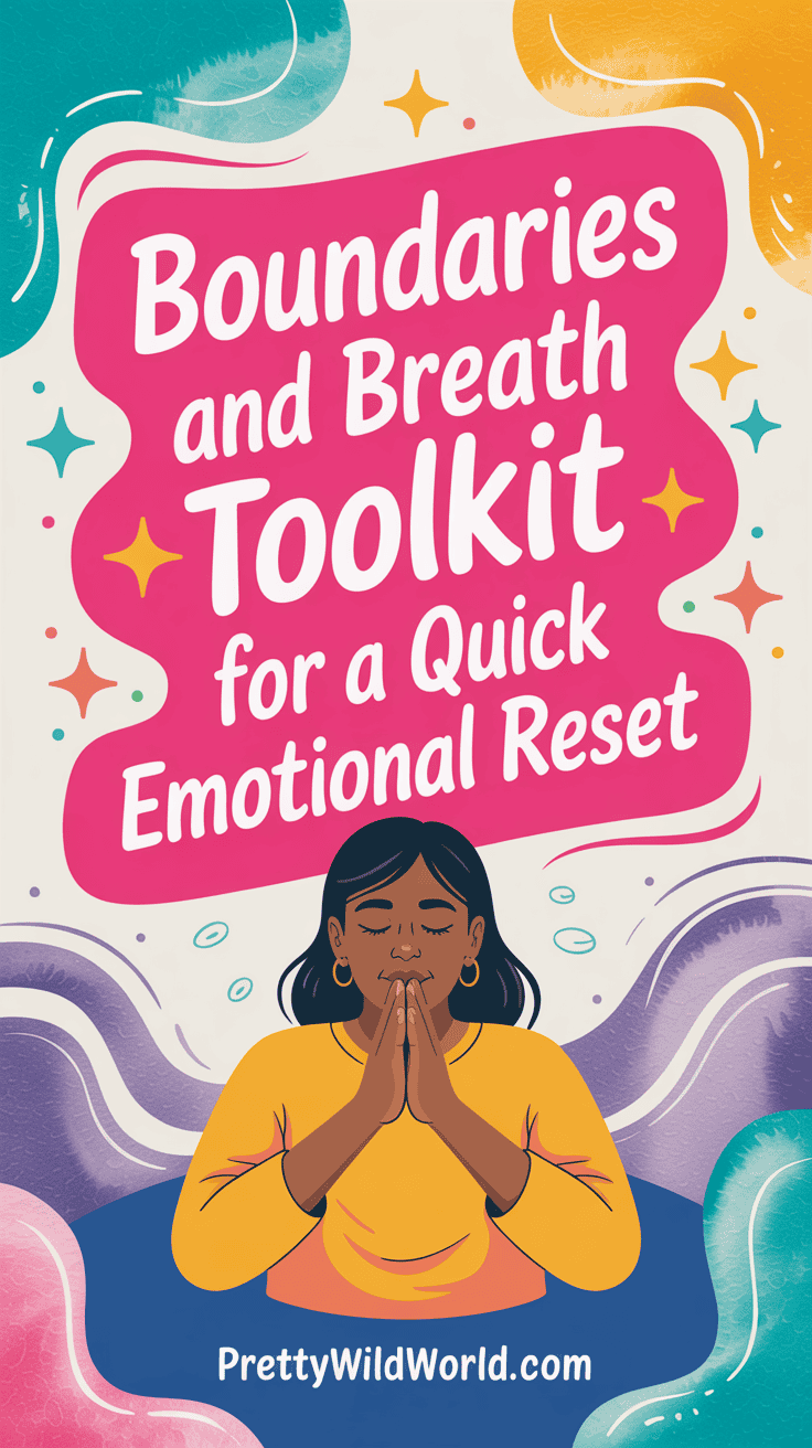 Woman meditating with hands together, "Boundaries and Breath Toolkit for a Quick Emotional Reset" text.