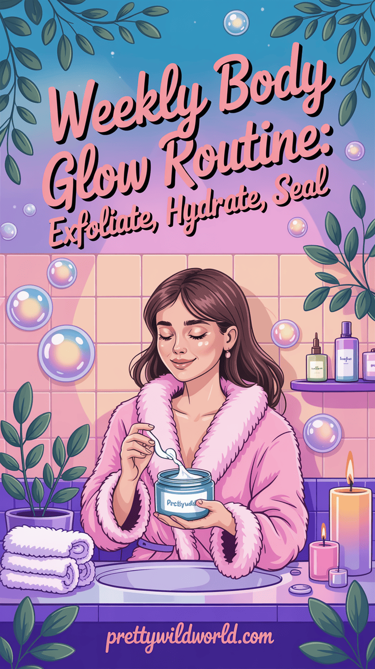 Woman applying moisturizer for her "Weekly Body Glow: Exfoliate, Hydrate, Seal" routine. Pretty Wild World website.
