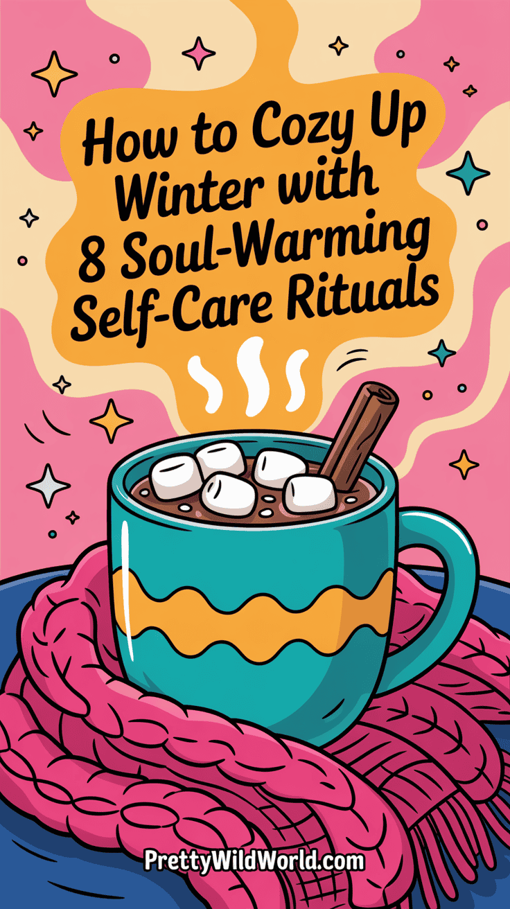 Cozy winter scene with hot chocolate, marshmallows, and a scarf, promoting winter cozy self-care rituals.