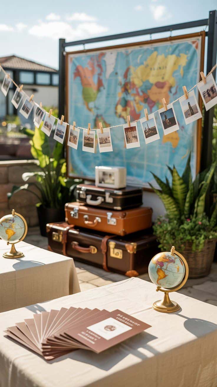Graduation party decor: World map backdrop, vintage suitcases, globes, and photo string.