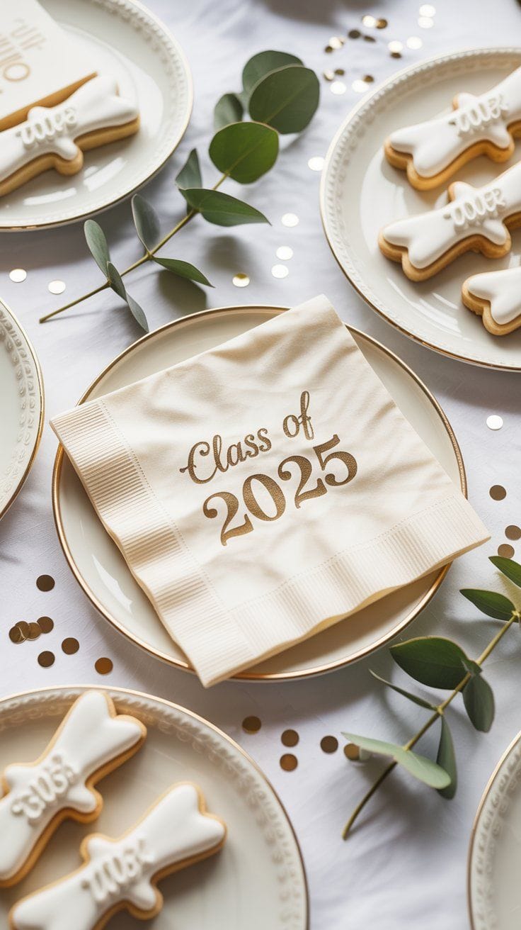 Class of 2025 napkin on plate with cookies for graduation party ideas