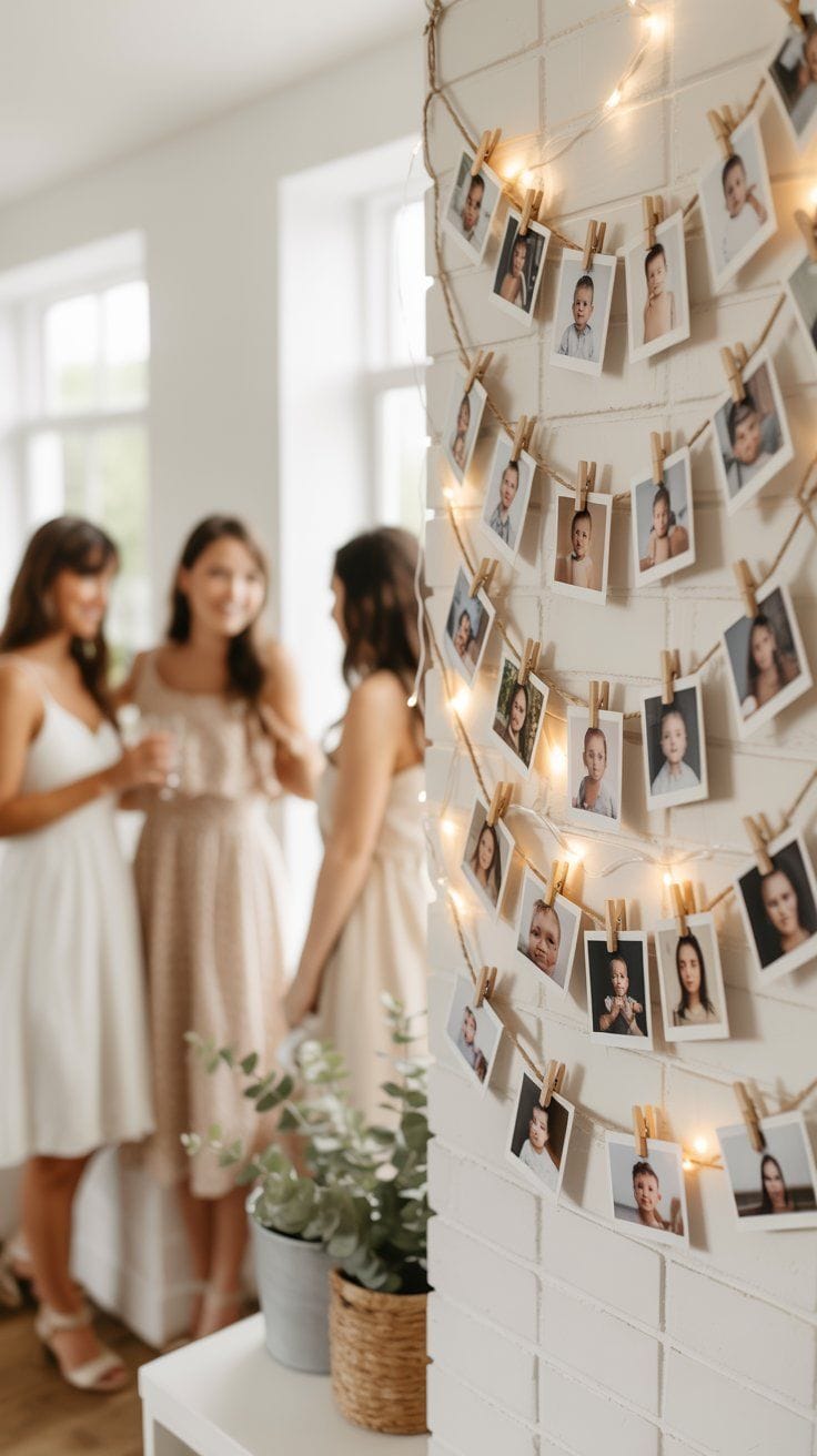 Graduation party ideas: Photo display with string lights and celebrating women.