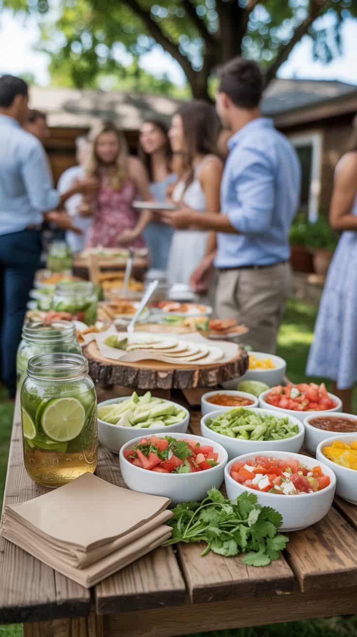 Graduation party ideas: Taco bar with fresh toppings and guests.