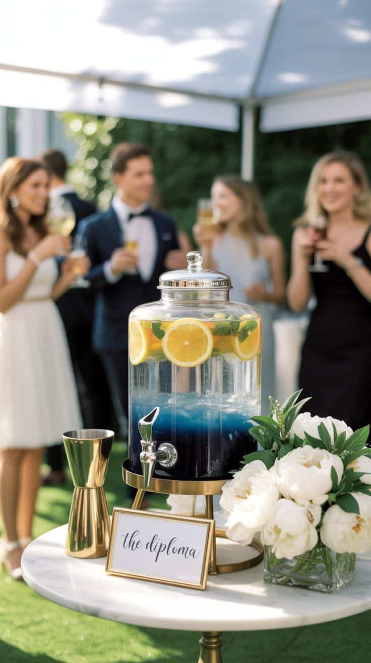Graduation party ideas: Drink dispenser with blue liquid, oranges, and 