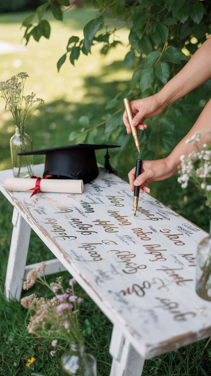 Graduation party ideas: Signing a guest book bench with a graduation cap and diploma.