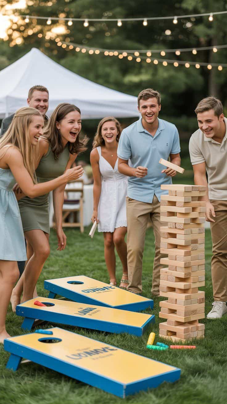 Friends playing Jenga and cornhole at a graduation party.