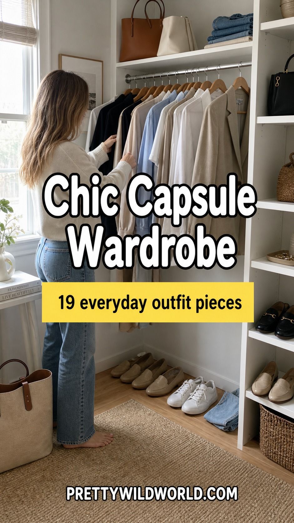 Pinterest pin for 19 Chic Capsule Wardrobe Pieces That Work for Everyday Outfits from Pretty Wild World.