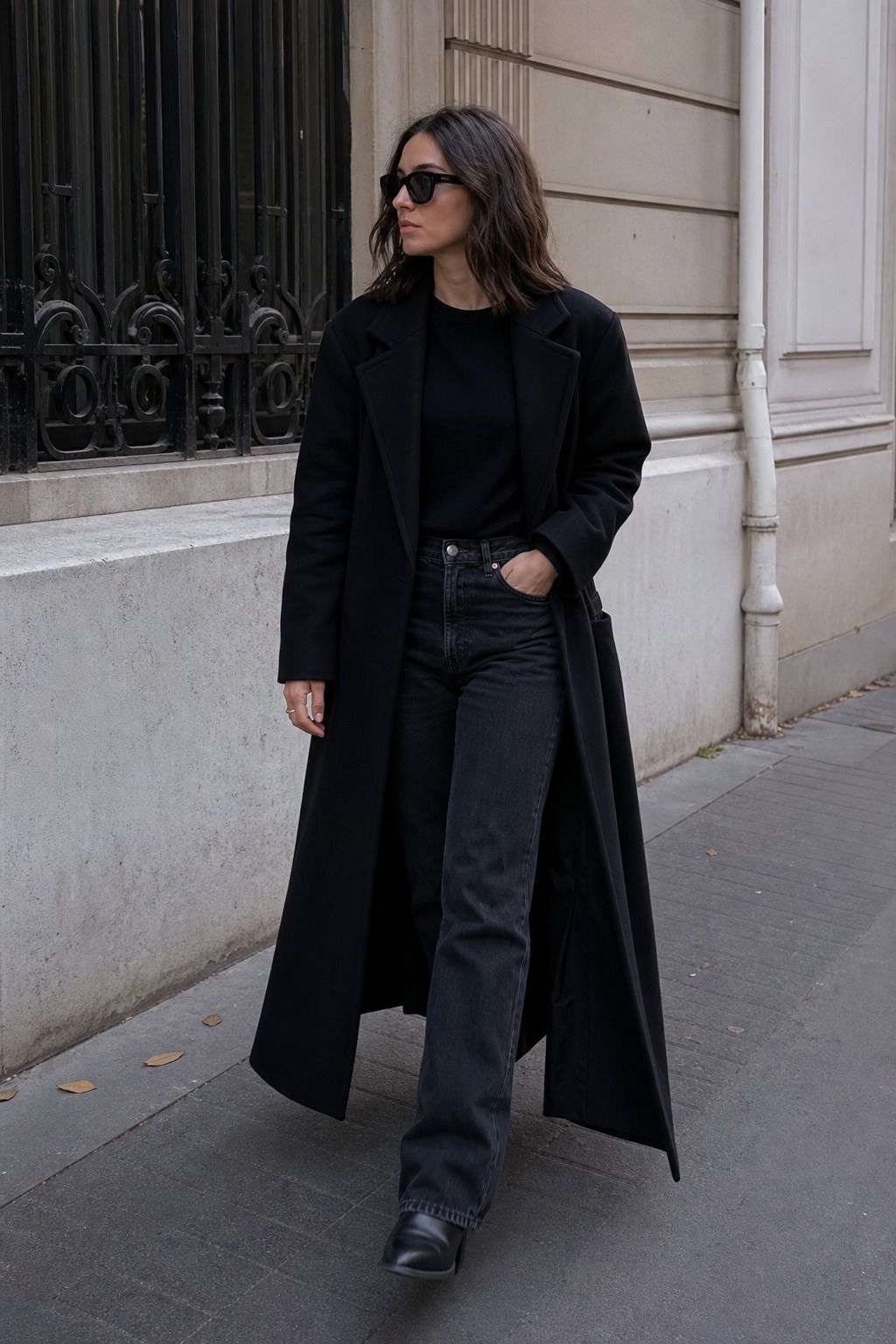 Long Black Coat with Straight Jeans shown as a realistic Pretty Wild World image for 17 Clean Goth Outfit Ideas That Master the Minimalist Dark Aesthetic.