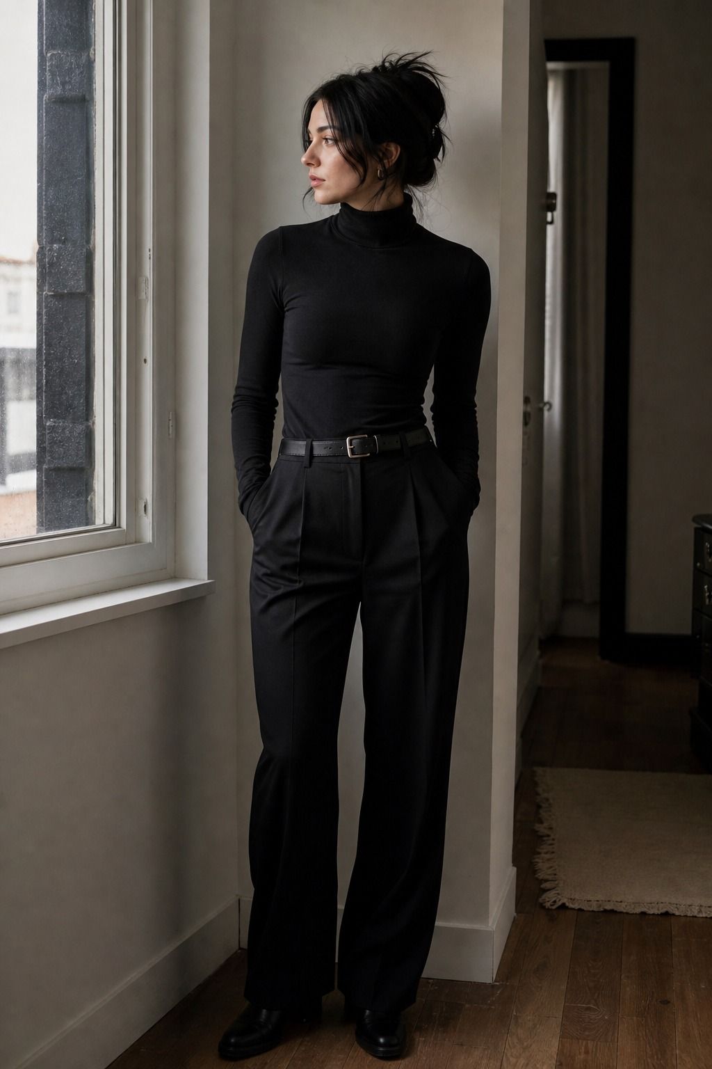 Fitted Turtleneck with Tailored Trousers shown as a realistic Pretty Wild World image for 17 Clean Goth Outfit Ideas That Master the Minimalist Dark Aesthetic.