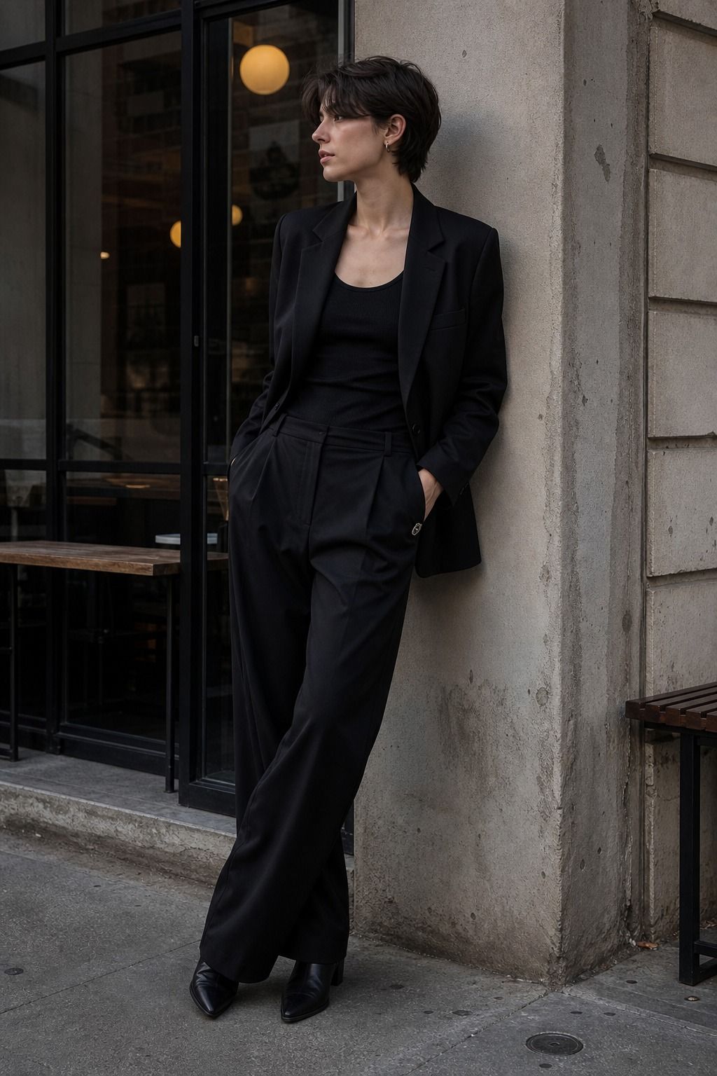 Black Blazer with a Plain Tank shown as a realistic Pretty Wild World image for 17 Clean Goth Outfit Ideas That Master the Minimalist Dark Aesthetic.