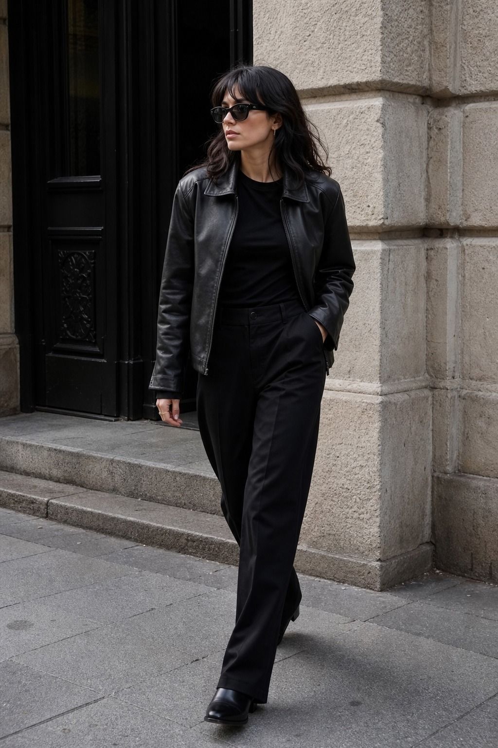 Leather Jacket with Minimal Separates shown as a realistic Pretty Wild World image for 17 Clean Goth Outfit Ideas That Master the Minimalist Dark Aesthetic.