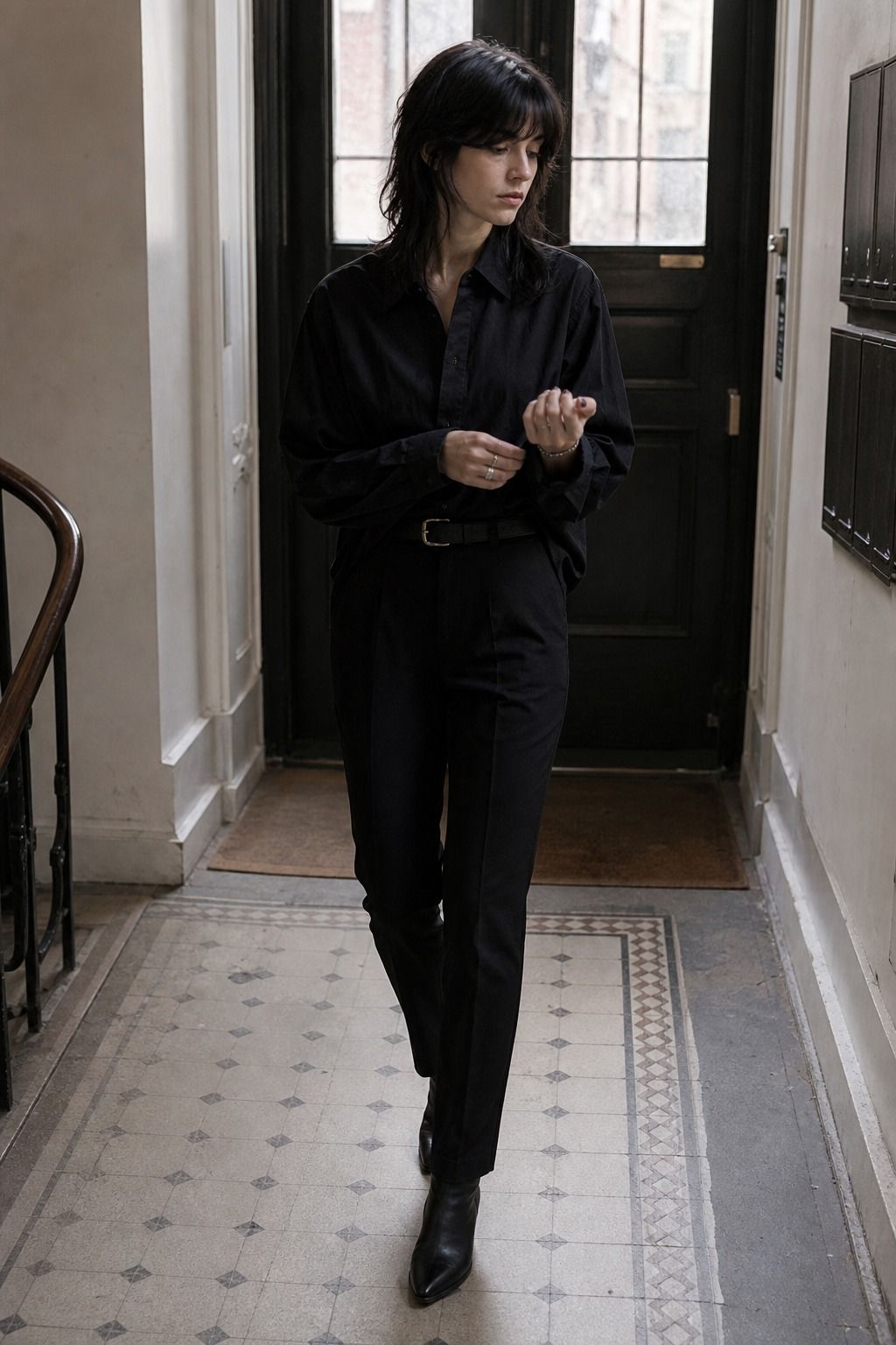 Oversized Shirt with Slim Trousers shown as a realistic Pretty Wild World image for 17 Clean Goth Outfit Ideas That Master the Minimalist Dark Aesthetic.