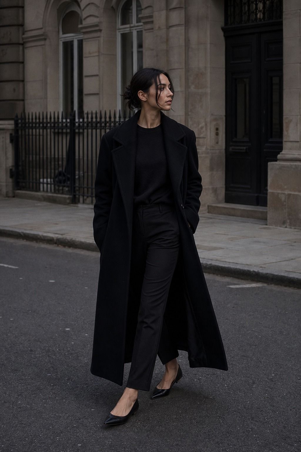 Pointed Flats with a Long Coat shown as a realistic Pretty Wild World image for 17 Clean Goth Outfit Ideas That Master the Minimalist Dark Aesthetic.