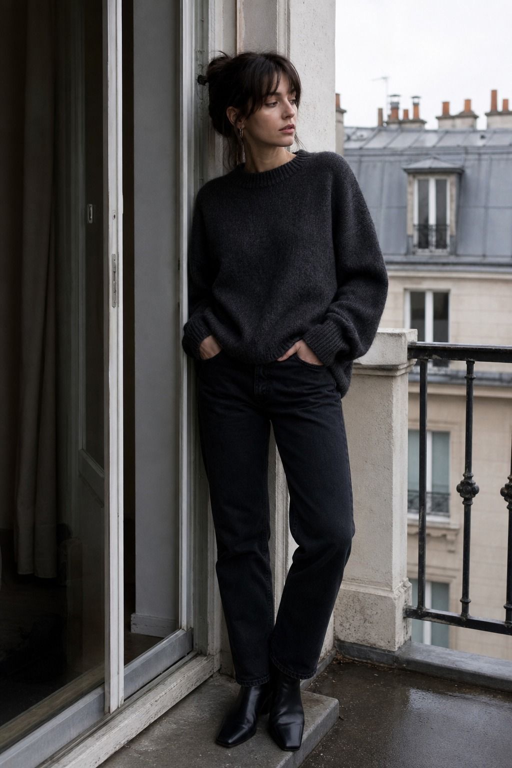 Charcoal Knit with Black Jeans shown as a realistic Pretty Wild World image for 17 Clean Goth Outfit Ideas That Master the Minimalist Dark Aesthetic.