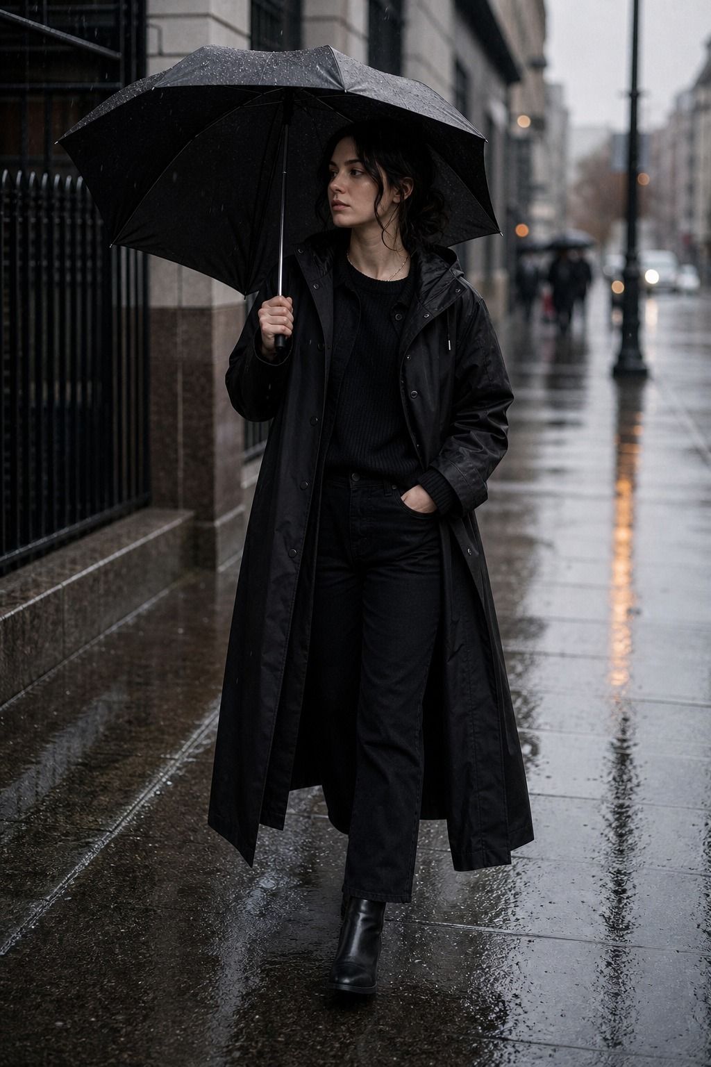 Rainy Day Clean Goth Layers shown as a realistic Pretty Wild World image for 17 Clean Goth Outfit Ideas That Master the Minimalist Dark Aesthetic.