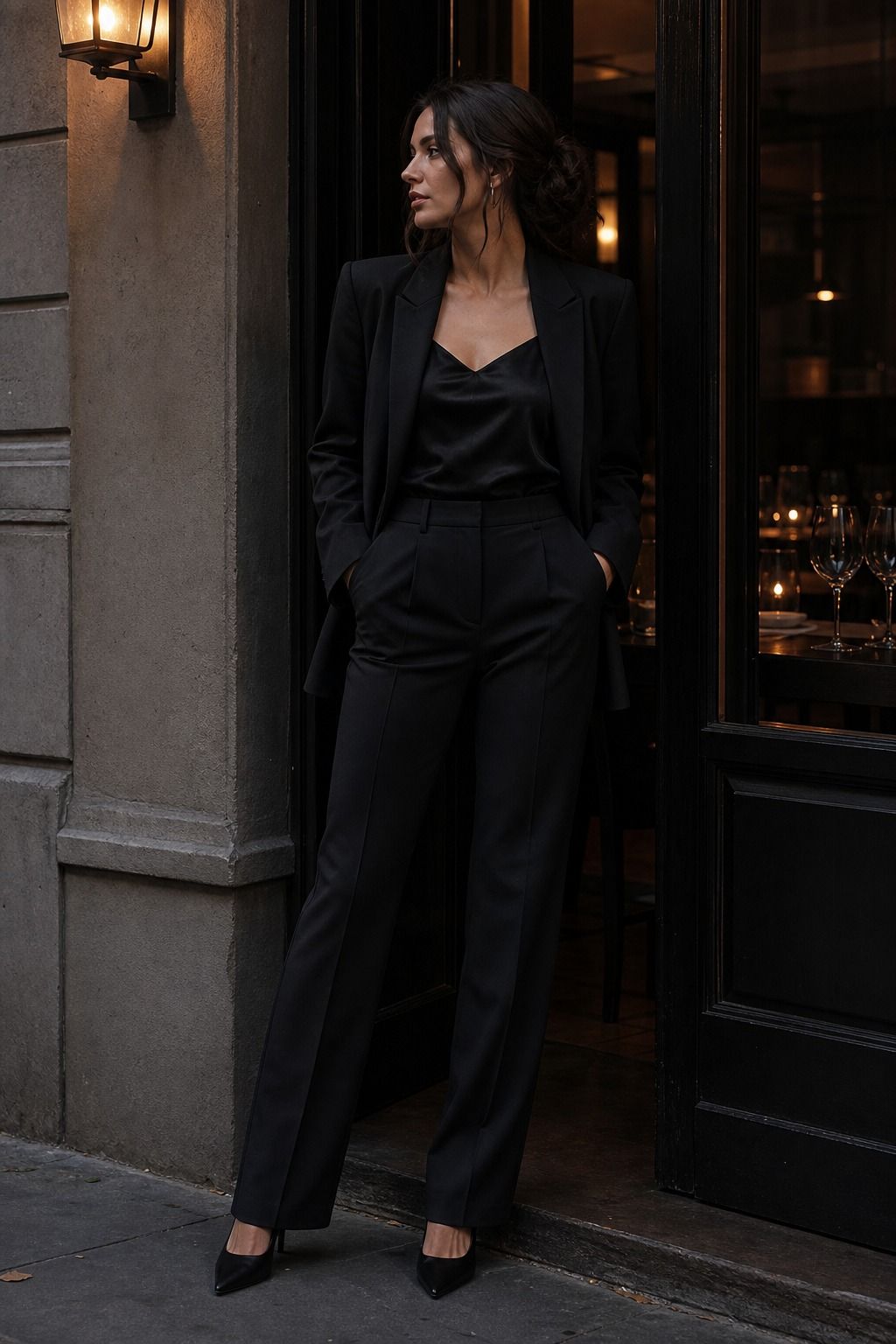 Dinner Look with Black Tailoring shown as a realistic Pretty Wild World image for 17 Clean Goth Outfit Ideas That Master the Minimalist Dark Aesthetic.
