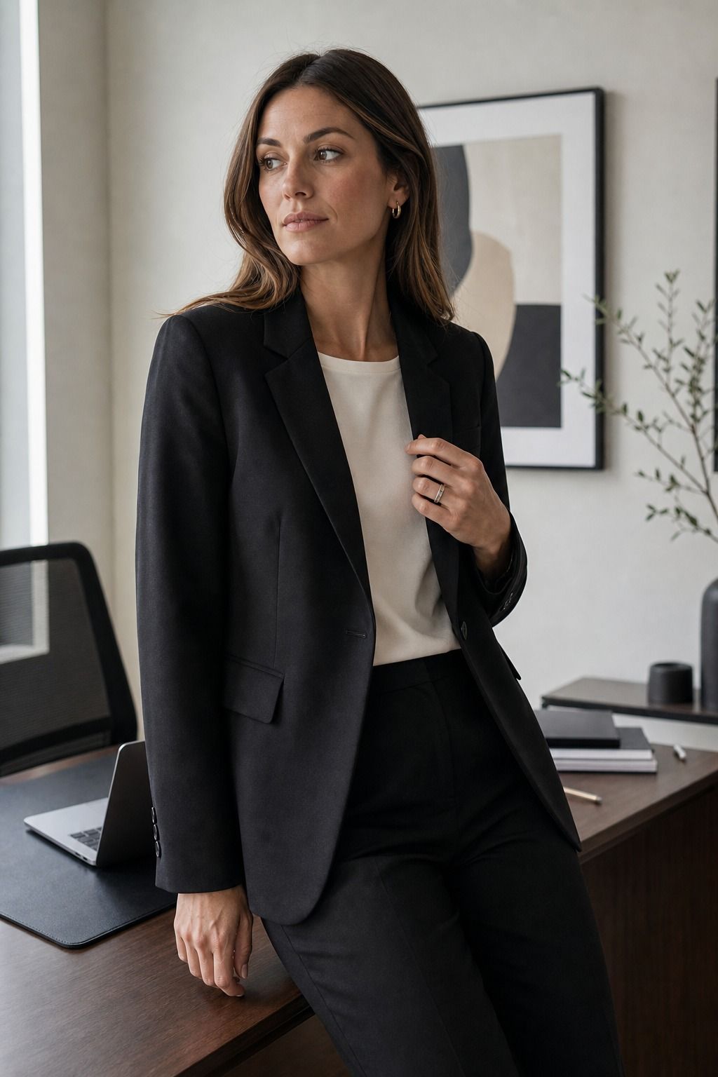 Women's corporate capsule wardrobe idea featuring tailored black blazer for polished work outfits.