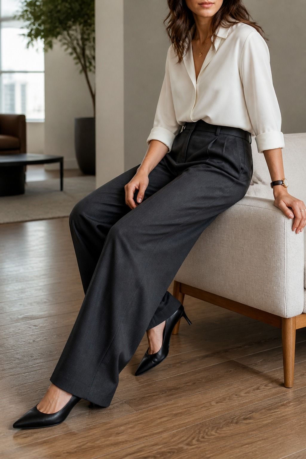 Women's corporate capsule wardrobe idea featuring wide leg work trousers for polished work outfits.