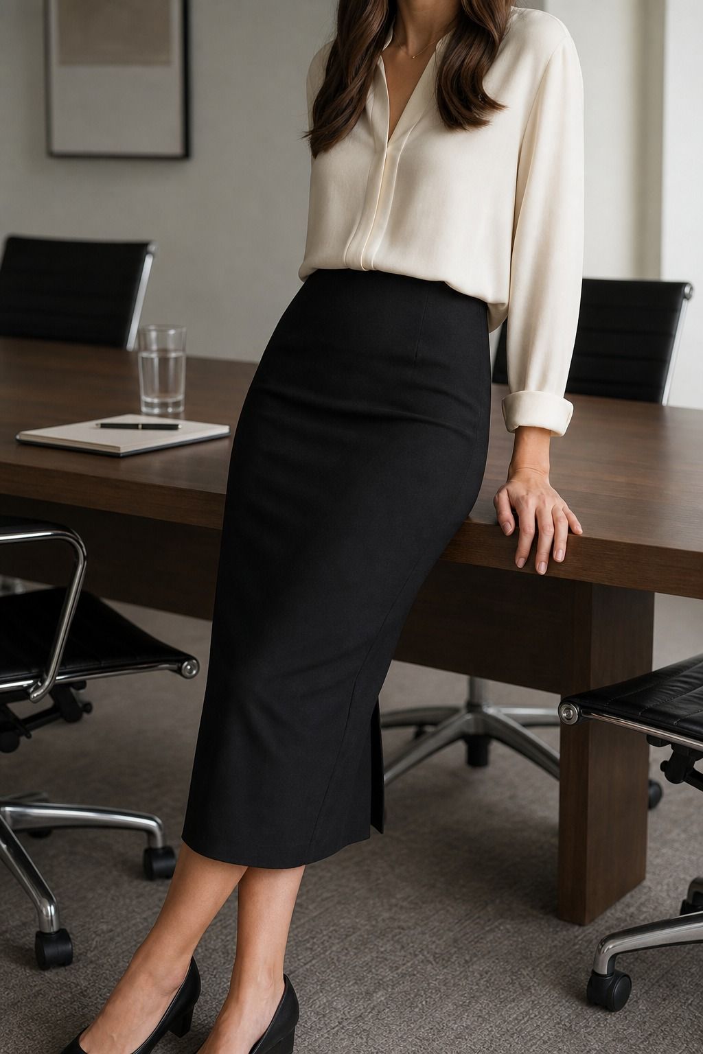 Women's corporate capsule wardrobe idea featuring pencil or column skirt for polished work outfits.