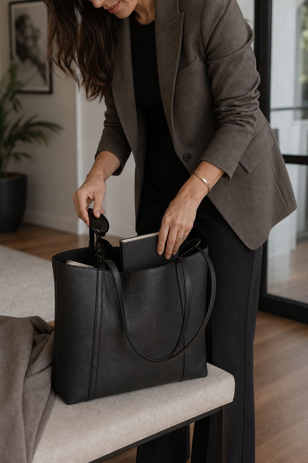 Women's corporate capsule wardrobe idea featuring structured work tote for polished work outfits.