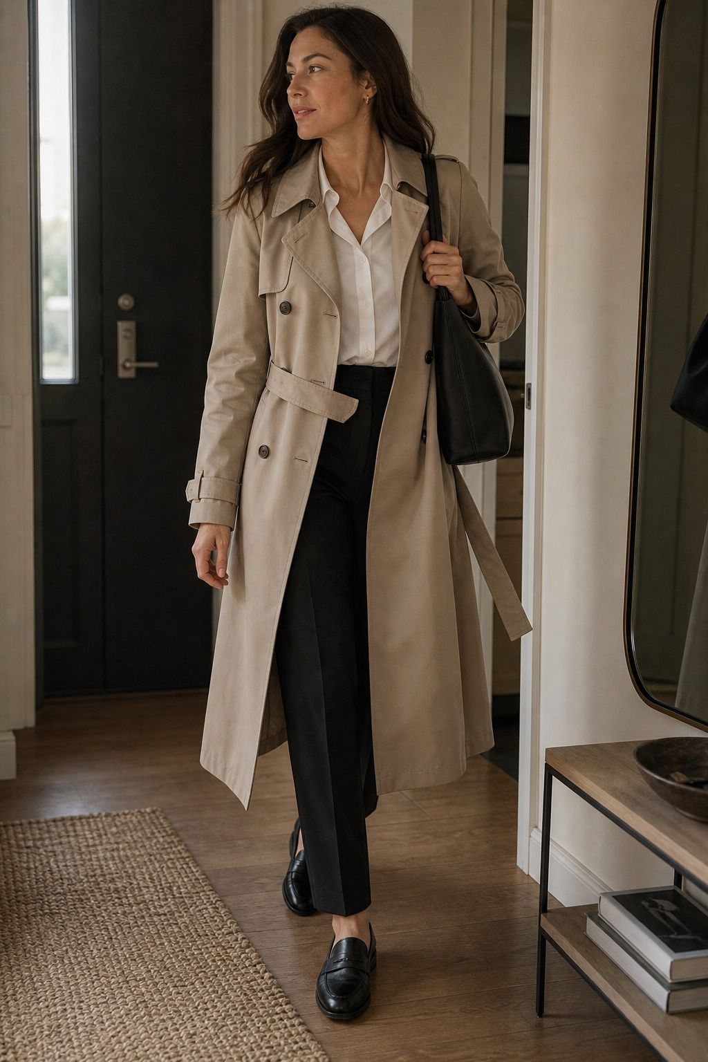 Women's corporate capsule wardrobe idea featuring trench coat or long wool coat for polished work outfits.