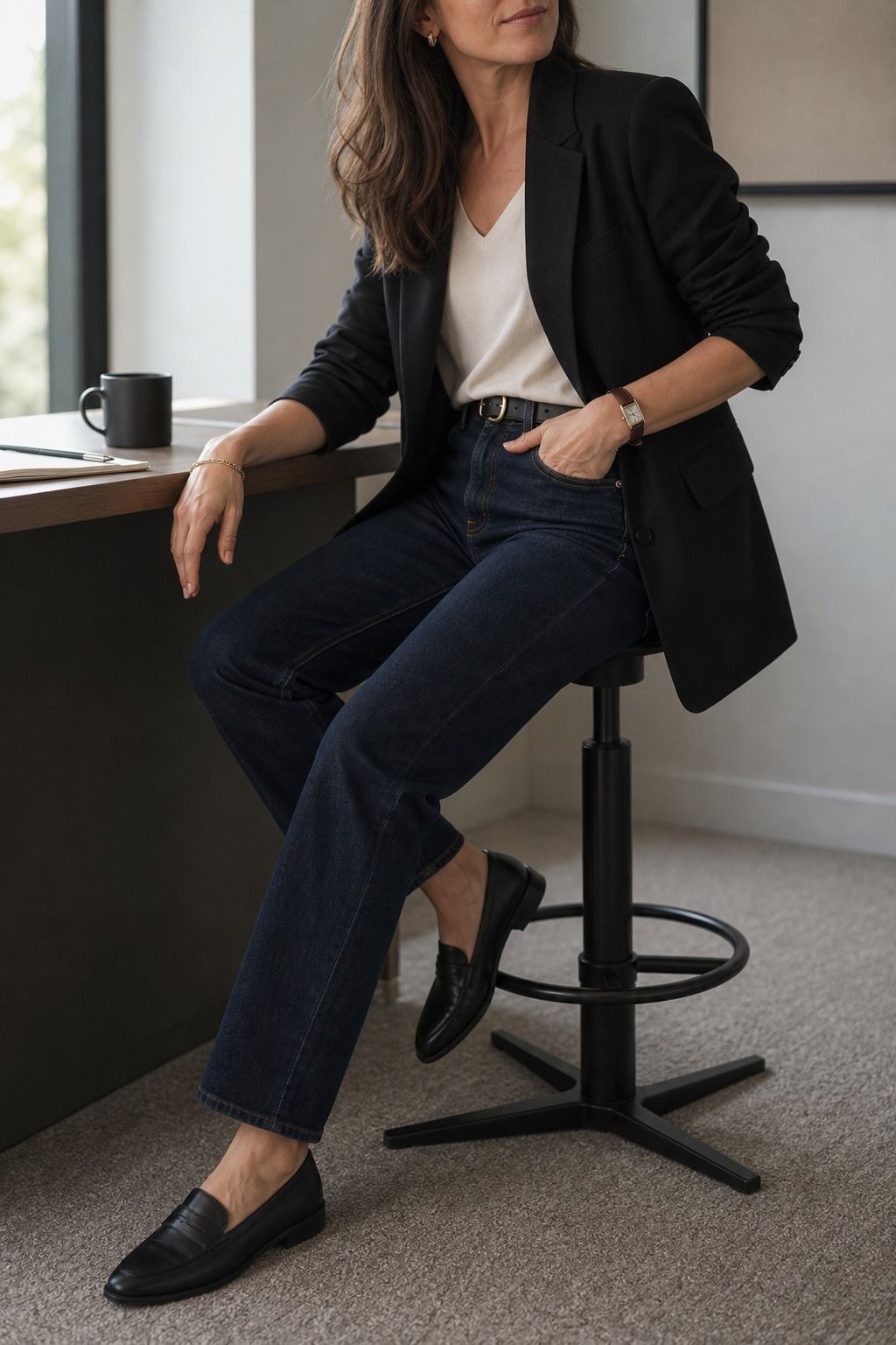 Women's corporate capsule wardrobe idea featuring dark straight leg jeans for casual friday for polished work outfits.