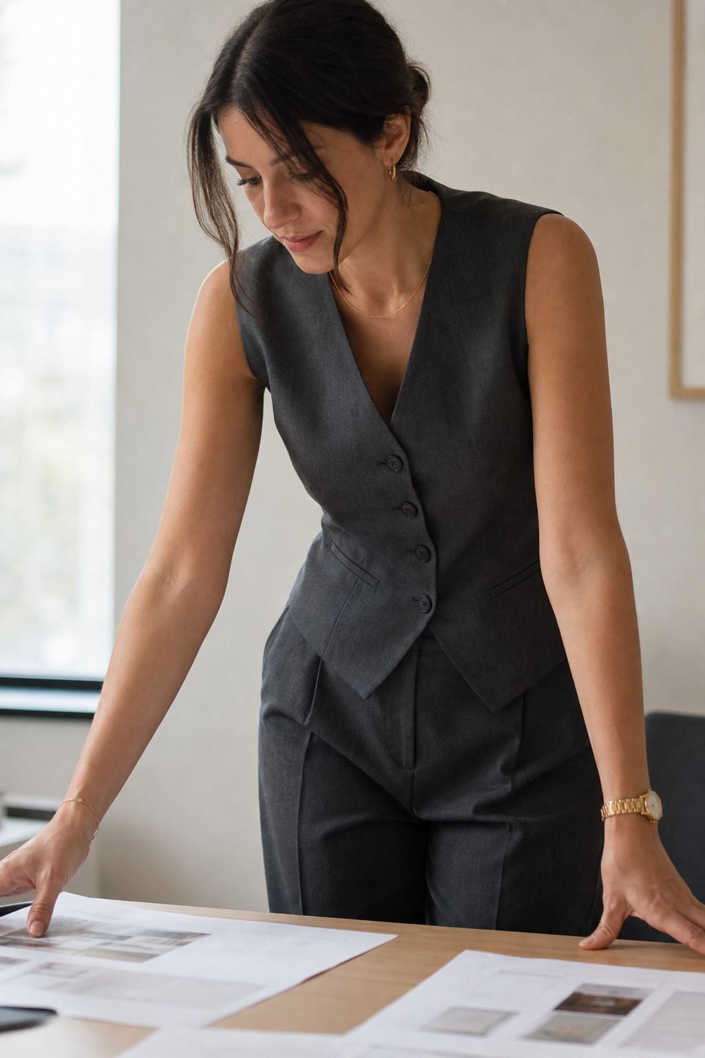 Women's corporate capsule wardrobe idea featuring sleeveless vest or waistcoat for polished work outfits.