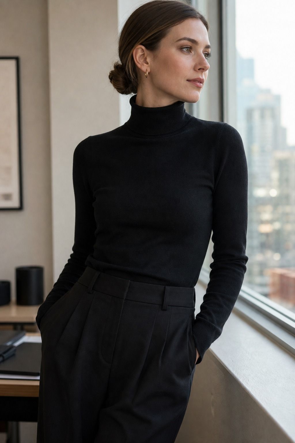 Women's corporate capsule wardrobe idea featuring black turtleneck for polished work outfits.