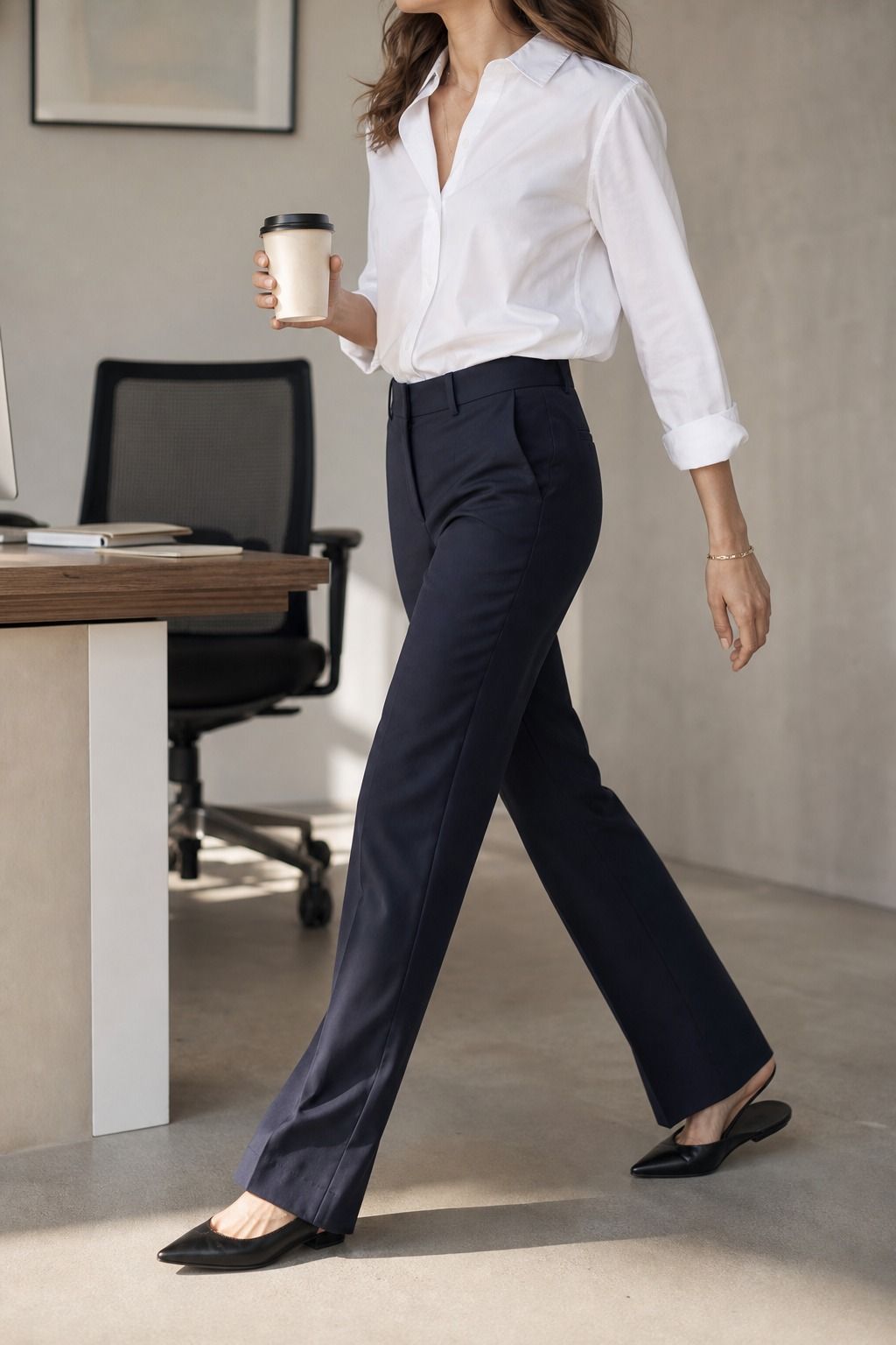 Women's corporate capsule wardrobe idea featuring navy or charcoal trouser for polished work outfits.