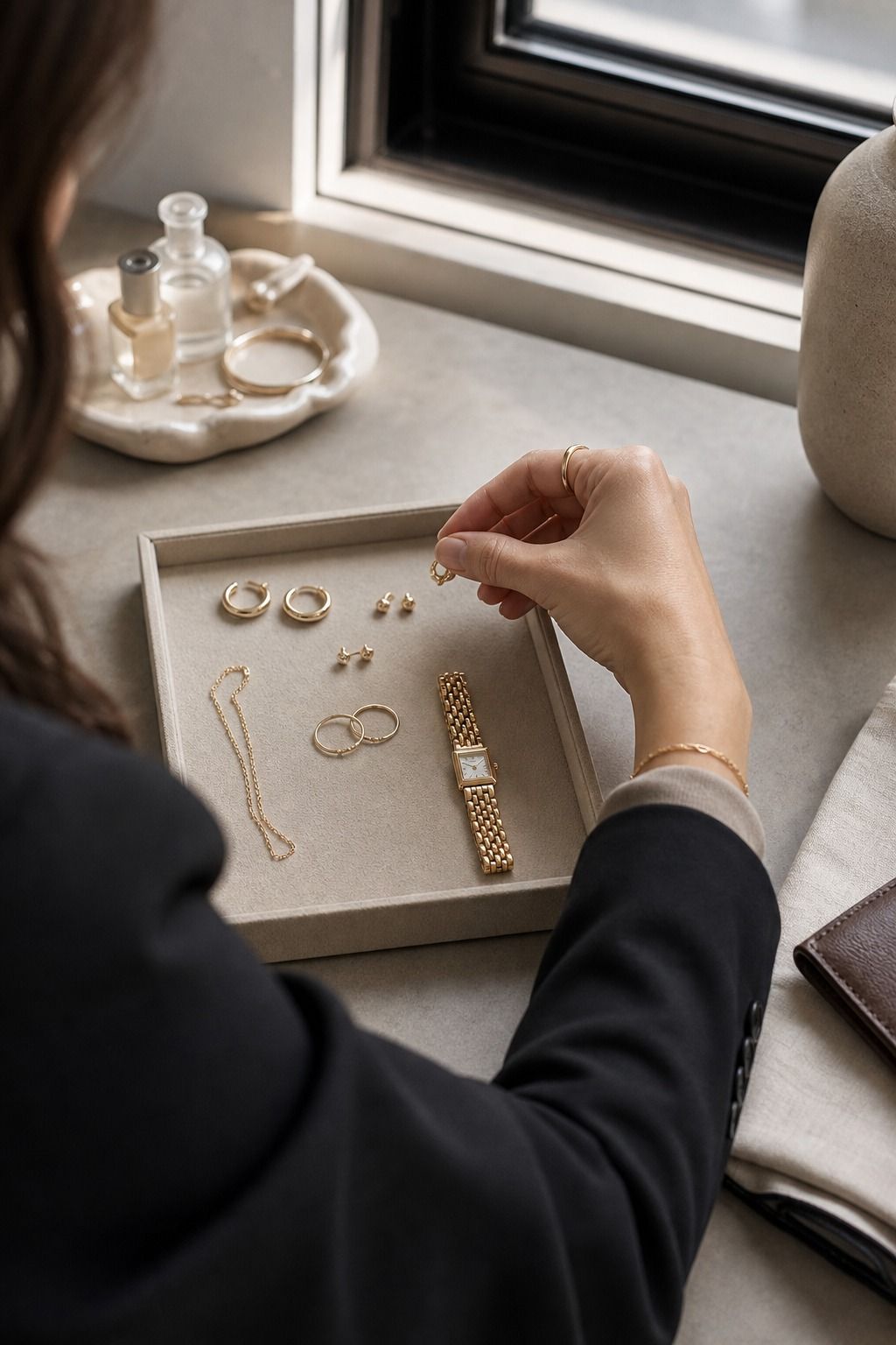 Women's corporate capsule wardrobe idea featuring small jewelry capsule for polished work outfits.