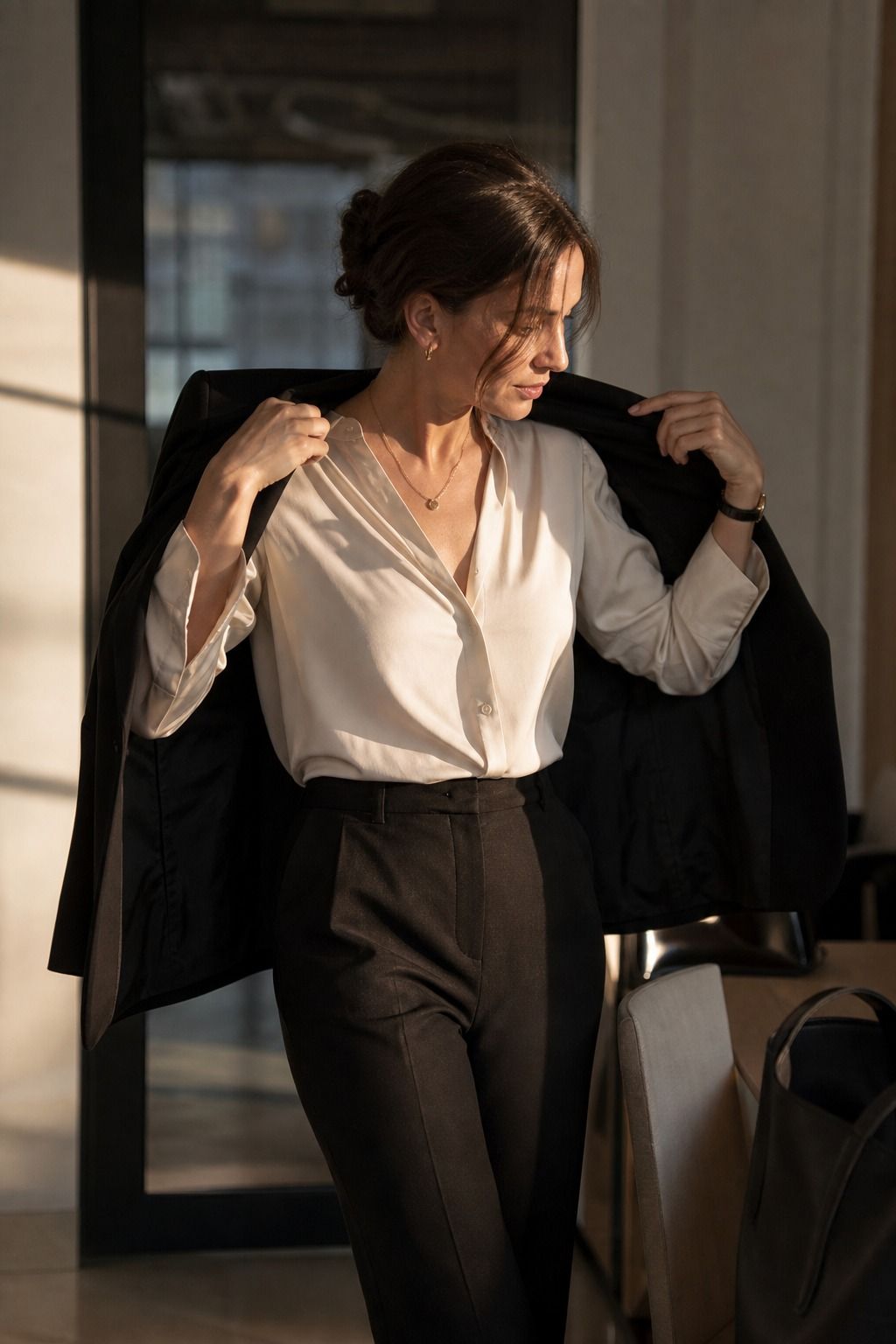 Women's corporate capsule wardrobe idea featuring one dinner ready layer for polished work outfits.