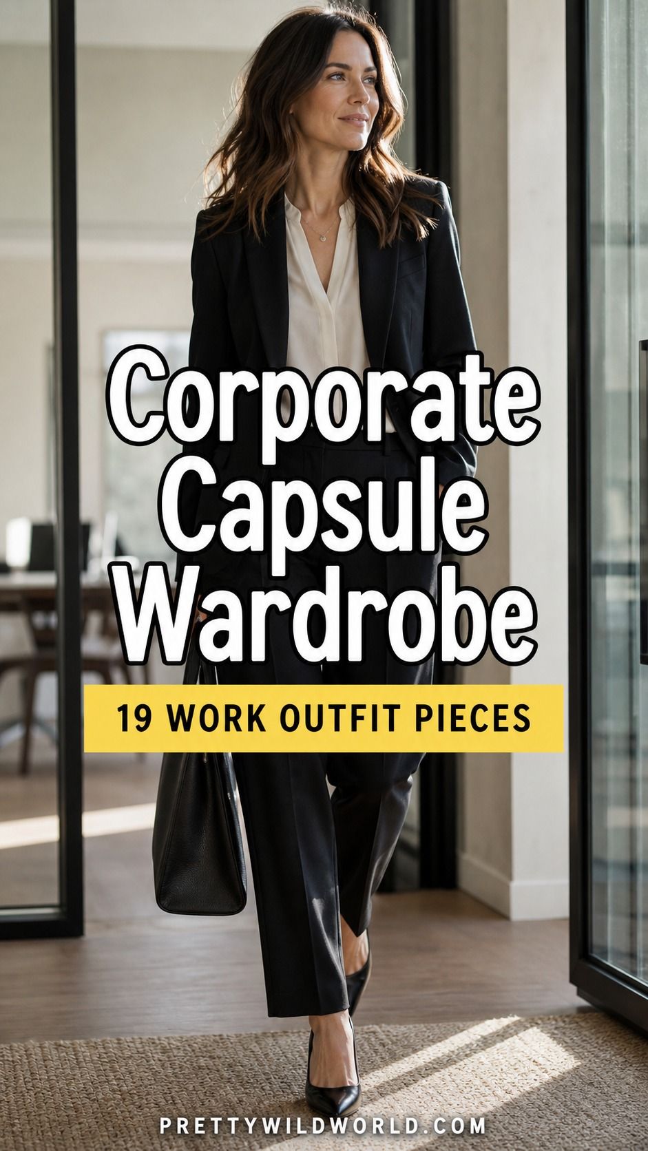 Pinterest pin for women's corporate capsule wardrobe pieces from Pretty Wild World.