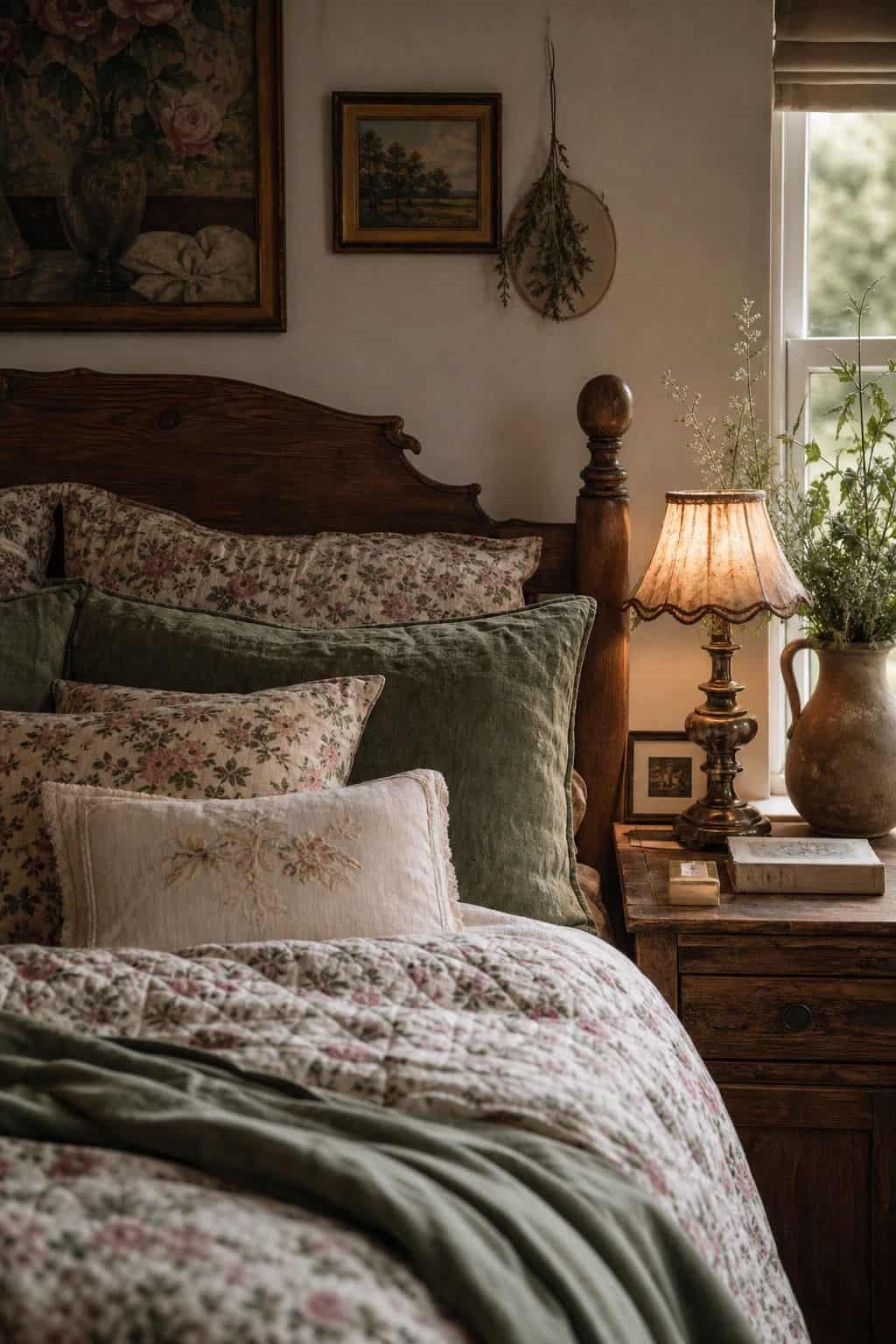 Cottagecore bedroom styled around vintage bedside lamp, with soft floral bedding, aged wood, vintage details, natural daylight, and cozy layered textures.