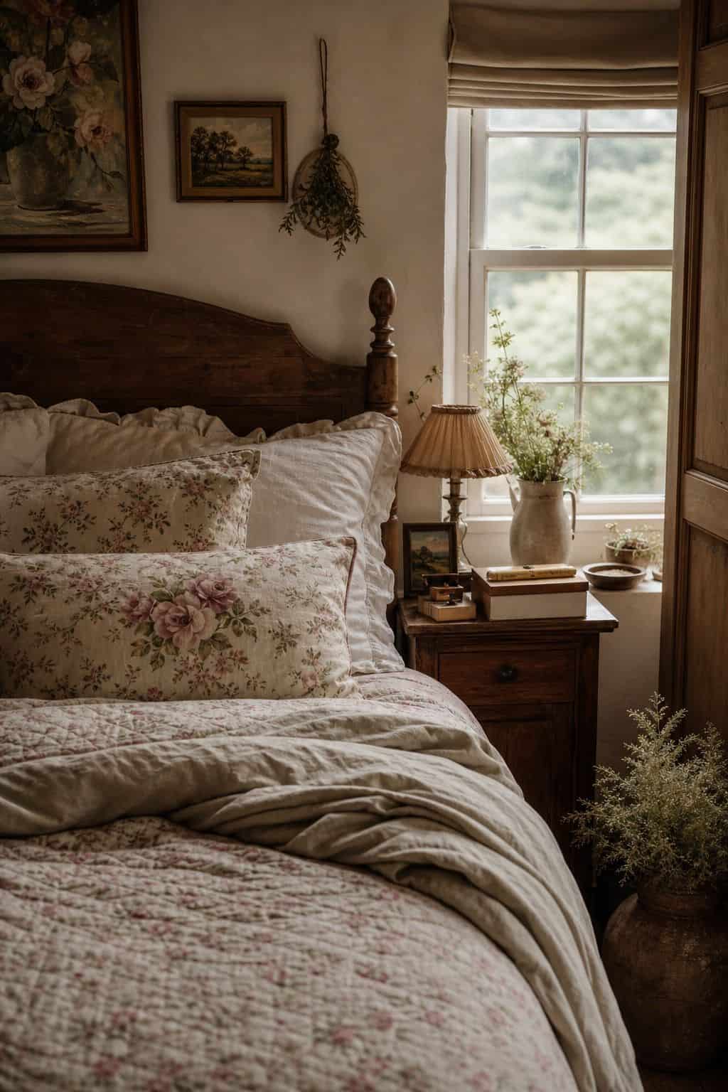 Cottagecore bedroom styled around soft floral pillows, with soft floral bedding, aged wood, vintage details, natural daylight, and cozy layered textures.