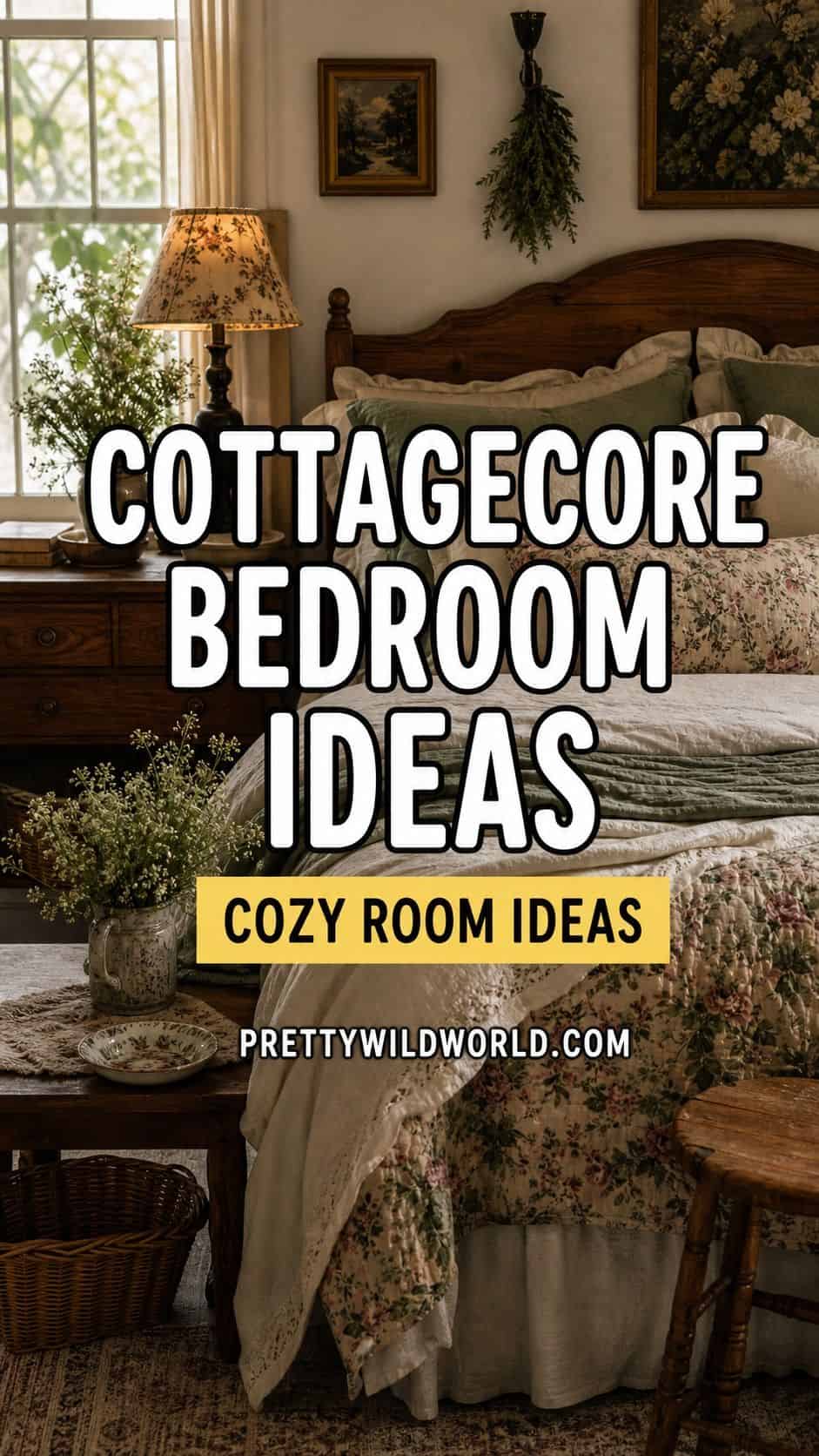 Pinterest pin for cottagecore bedroom ideas with a cozy floral bedroom, bold title text, yellow subtitle bar, and PrettyWildWorld.com branding.