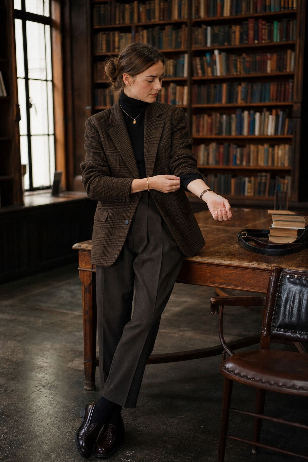 Plaid Blazer with a Turtleneck shown as a realistic Pretty Wild World image for 19 Dark Academia Outfit Ideas for a Moody, Literary Wardrobe.