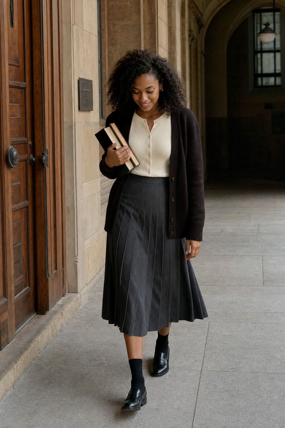 Pleated Skirt with Loafers shown as a realistic Pretty Wild World image for 19 Dark Academia Outfit Ideas for a Moody, Literary Wardrobe.