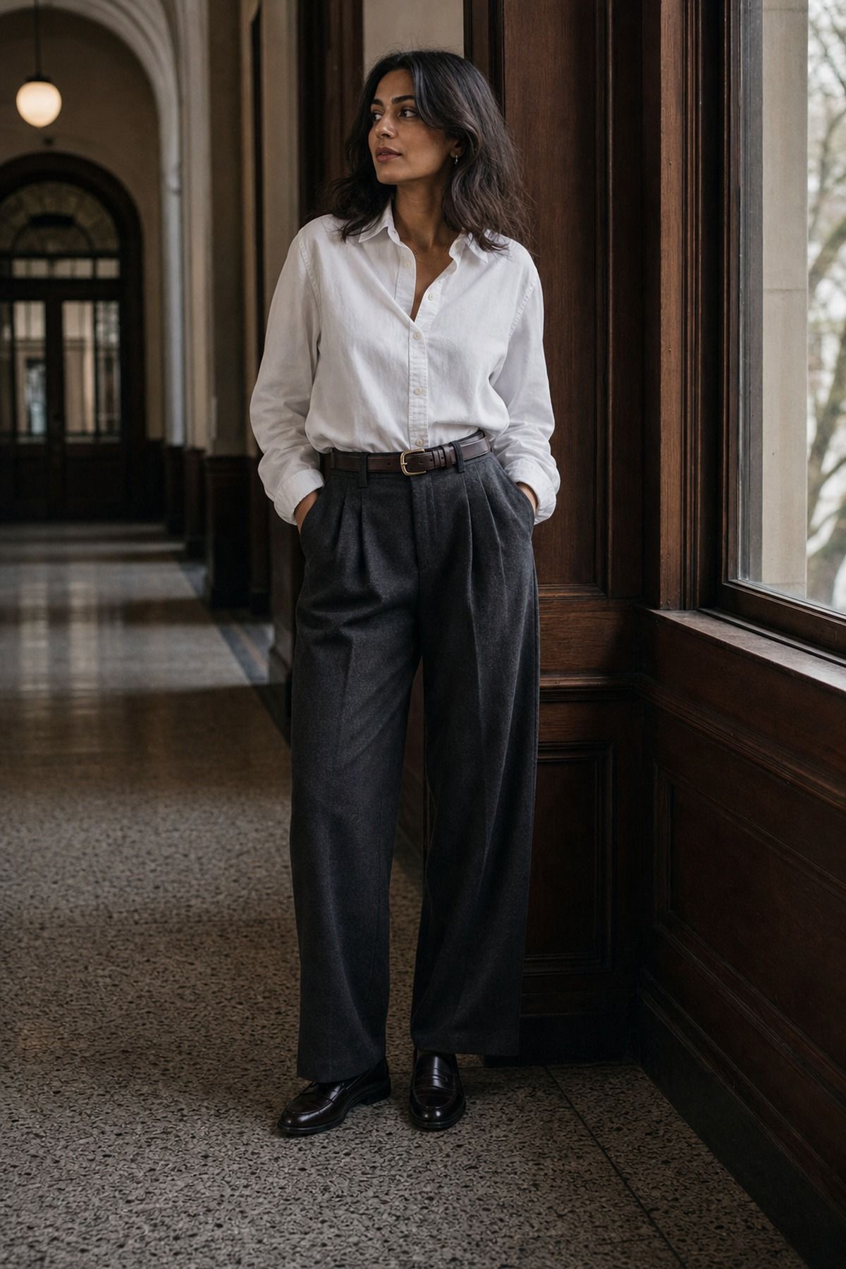 Oxford Shirt with Wool Trousers shown as a realistic Pretty Wild World image for 19 Dark Academia Outfit Ideas for a Moody, Literary Wardrobe.