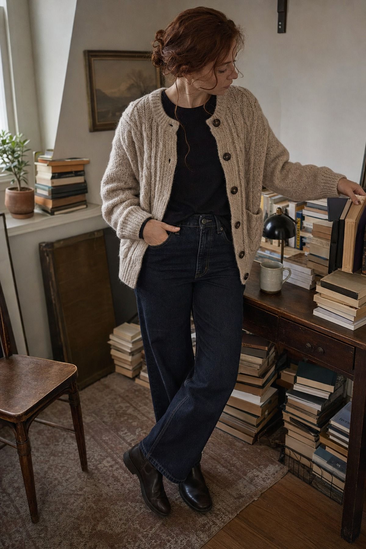 Cable Knit Cardigan with Dark Denim shown as a realistic Pretty Wild World image for 19 Dark Academia Outfit Ideas for a Moody, Literary Wardrobe.