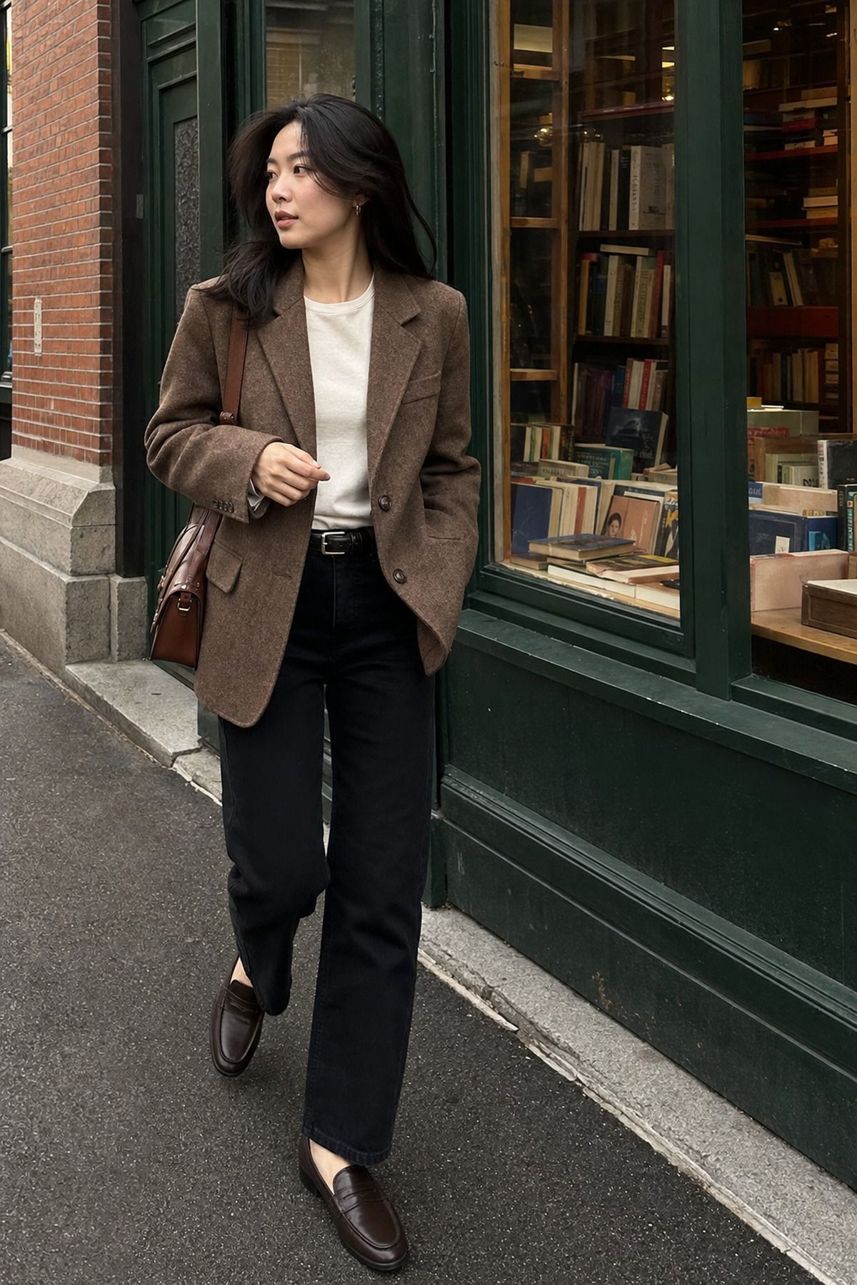Brown Blazer with a Cream Tee shown as a realistic Pretty Wild World image for 19 Dark Academia Outfit Ideas for a Moody, Literary Wardrobe.