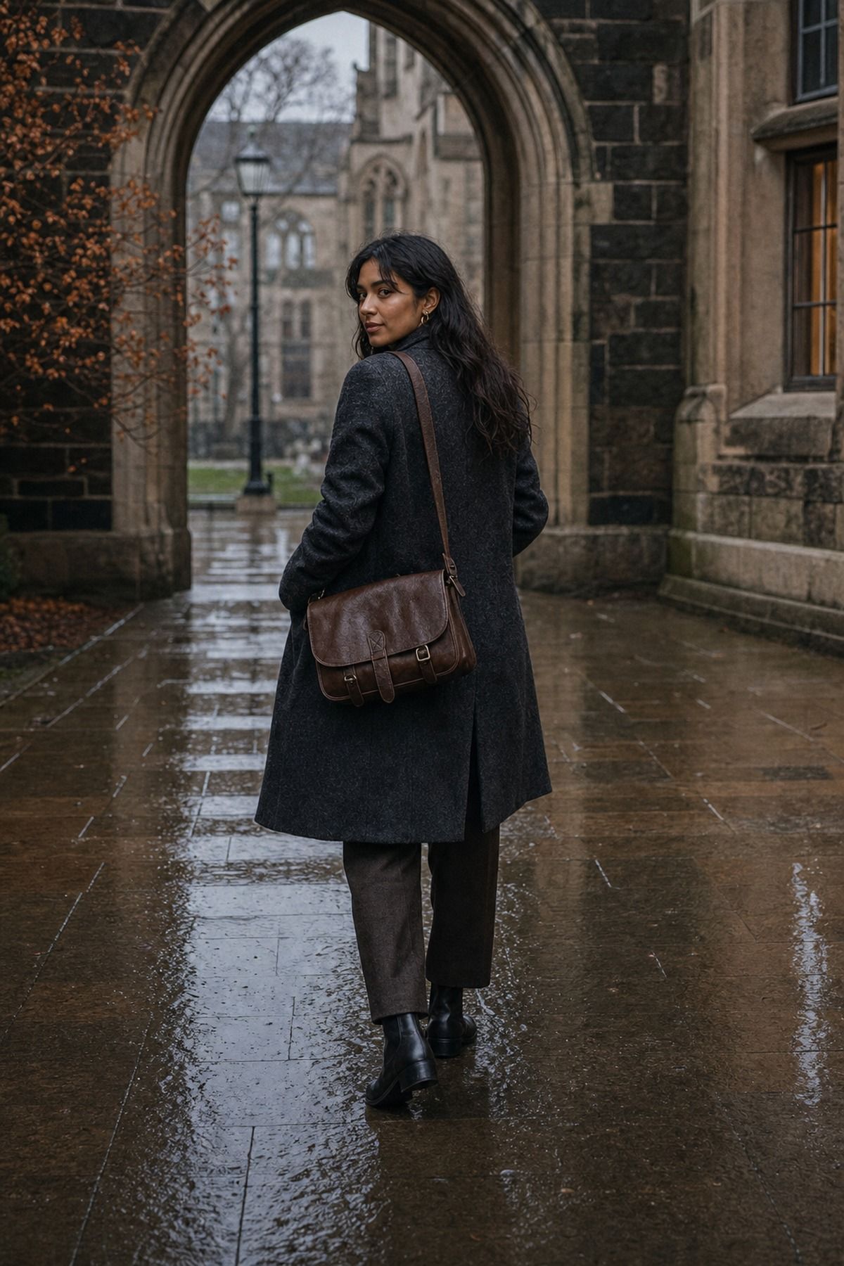 Long Coat with a Leather Satchel shown as a realistic Pretty Wild World image for 19 Dark Academia Outfit Ideas for a Moody, Literary Wardrobe.