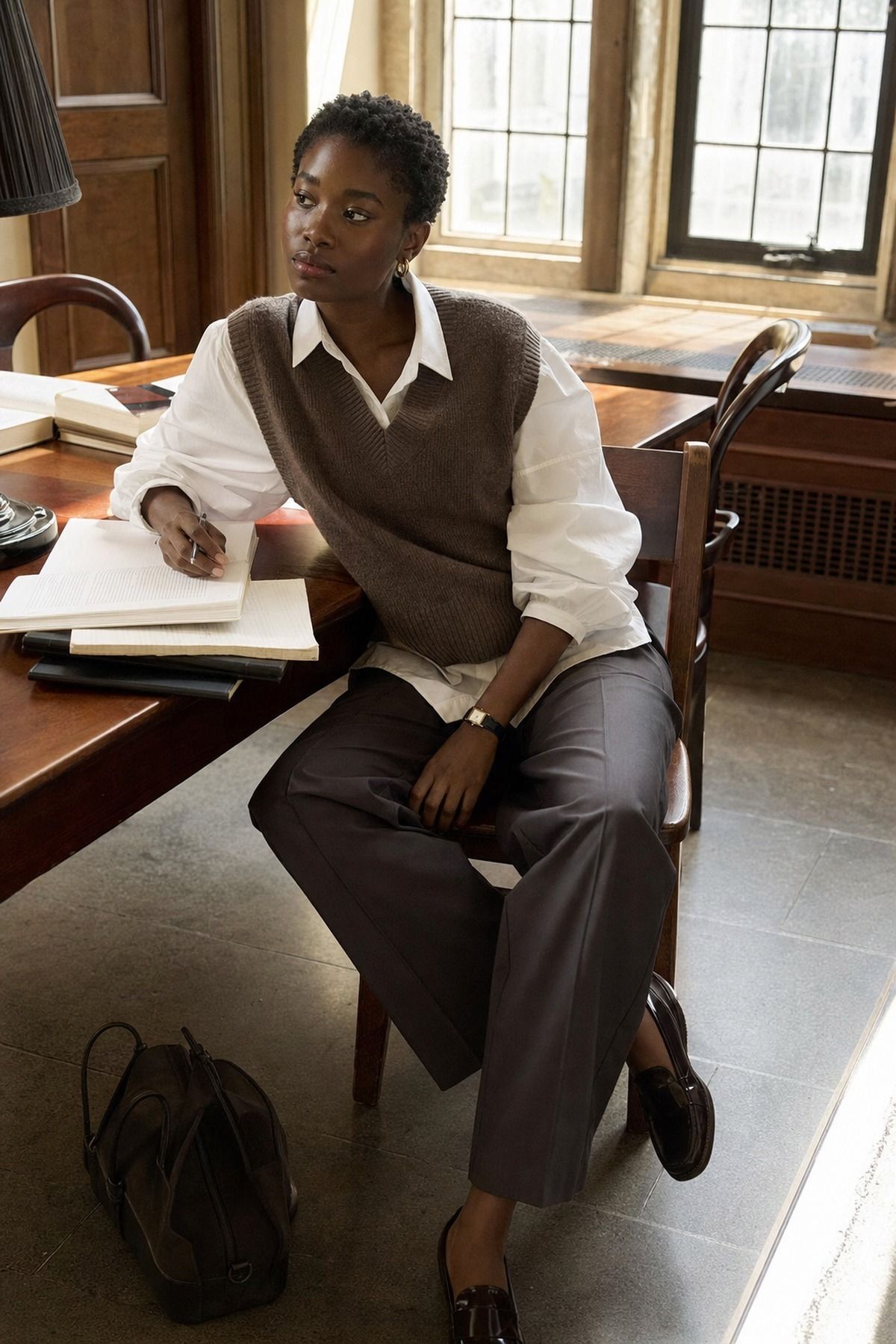 Sweater Vest over a Button Down shown as a realistic Pretty Wild World image for 19 Dark Academia Outfit Ideas for a Moody, Literary Wardrobe.