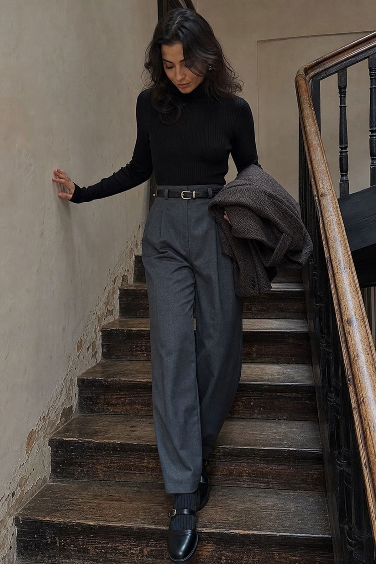 Charcoal Trousers with Mary Janes shown as a realistic Pretty Wild World image for 19 Dark Academia Outfit Ideas for a Moody, Literary Wardrobe.